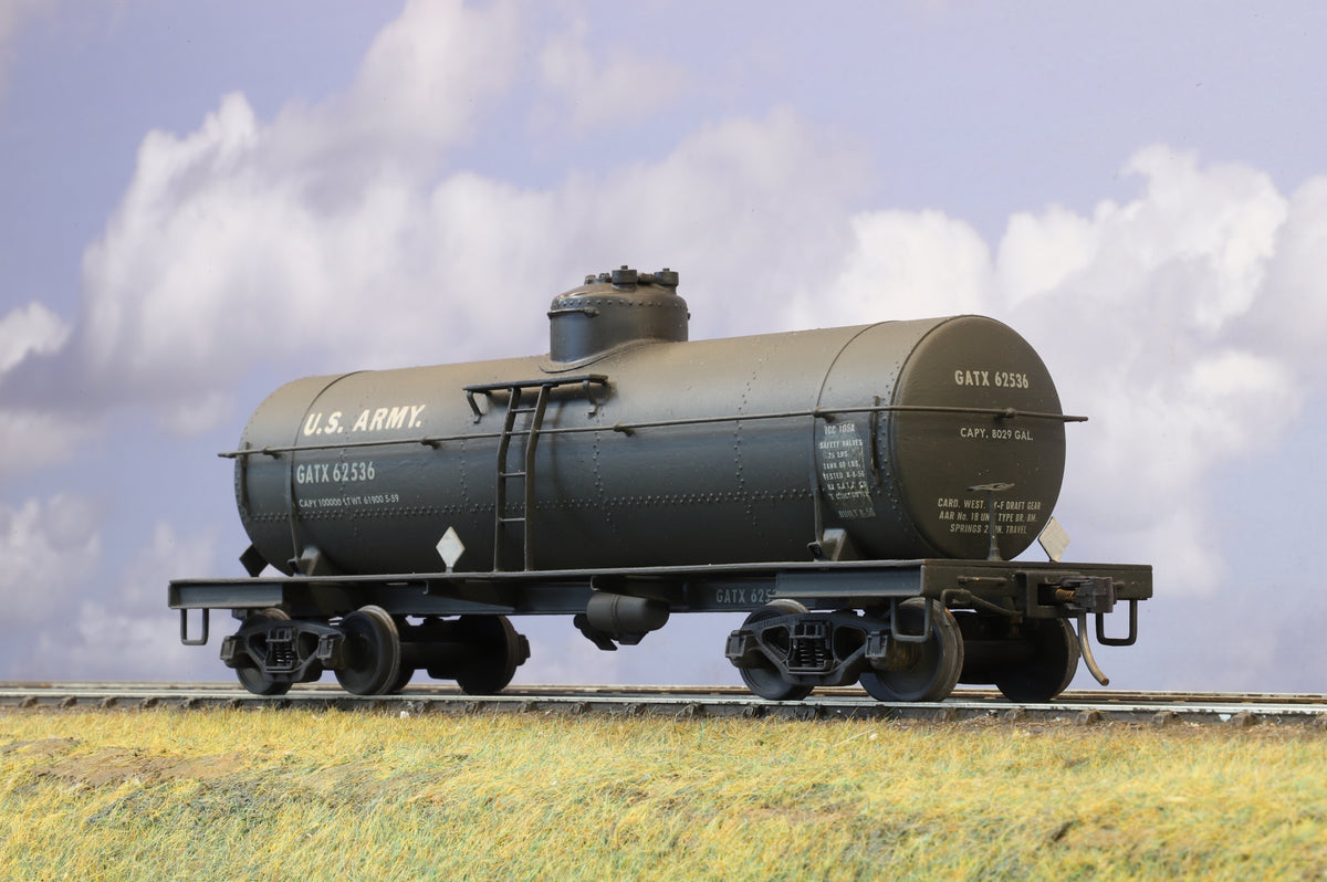 KTM Scale Models American O Scale 10000 Gallon Chemical Platform Tank Car US Army (Weathered)