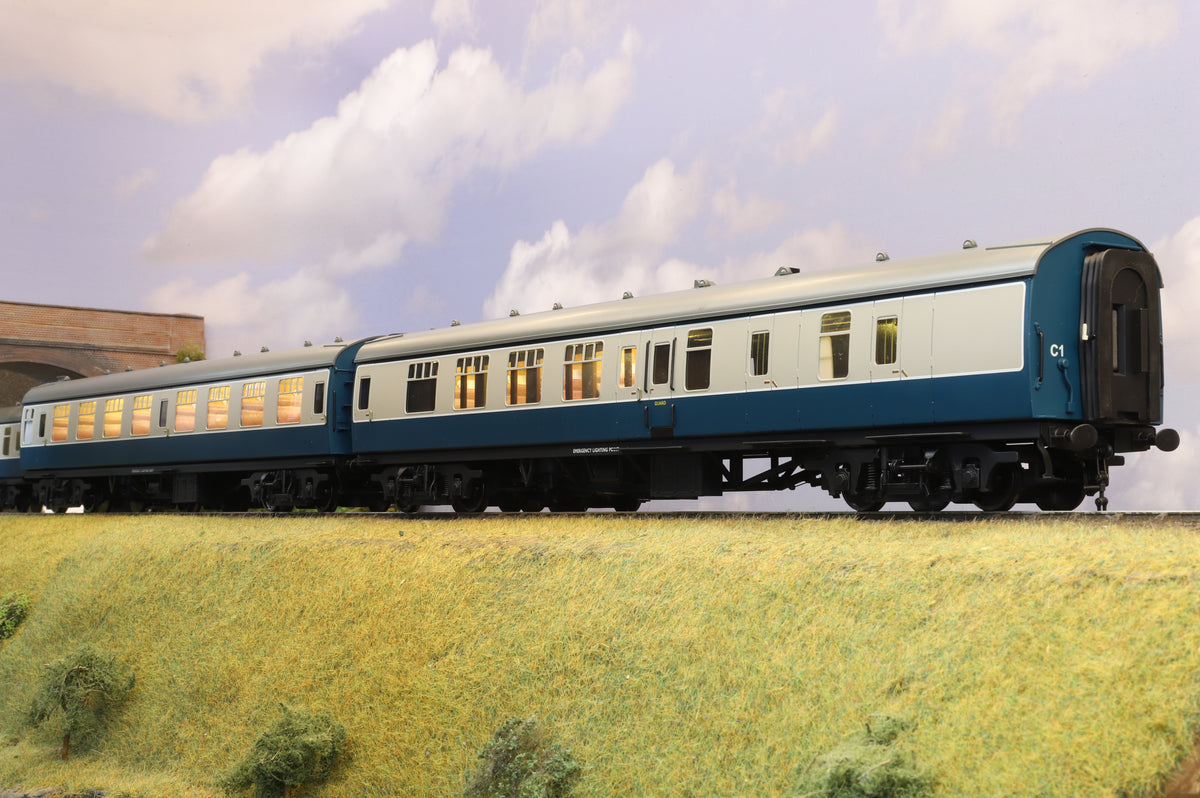 Darstaed Finescale O Gauge Pack of 4 MK1 Coaches (2 X BSK, SK, CK) BR Blue &amp; Grey (Unnumbered) Commonwealth Bogies