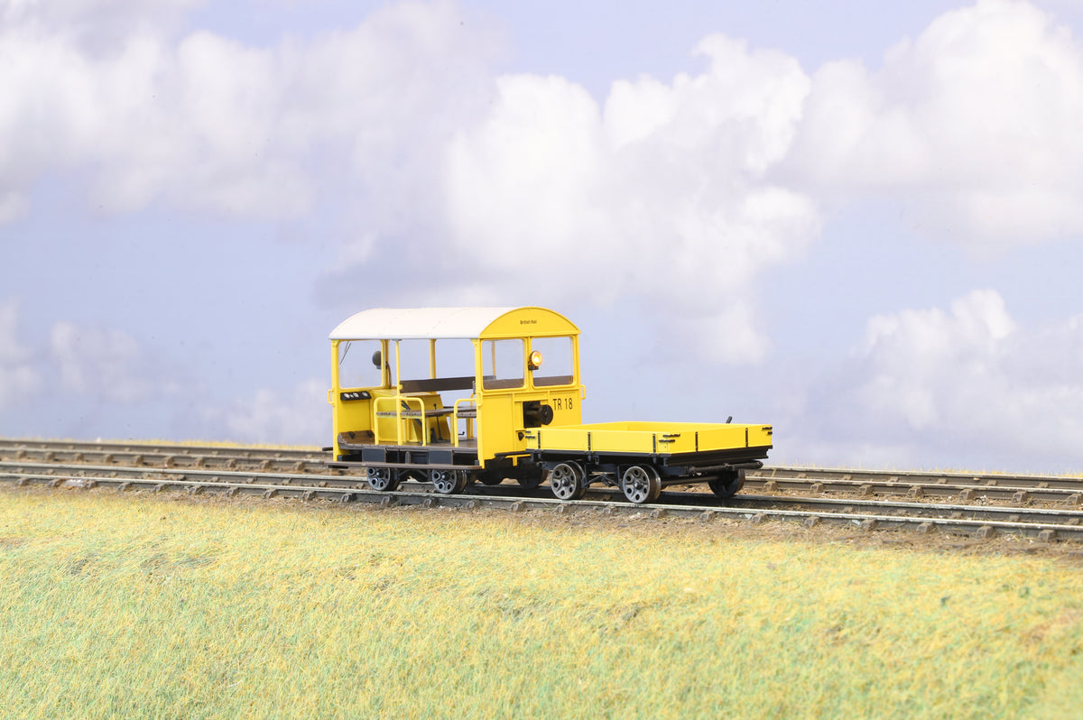 Finescale O Gauge Ellis Clark Trains Wickham Trolley & Trailer, BR Yellow No. TR18, DCC Sound