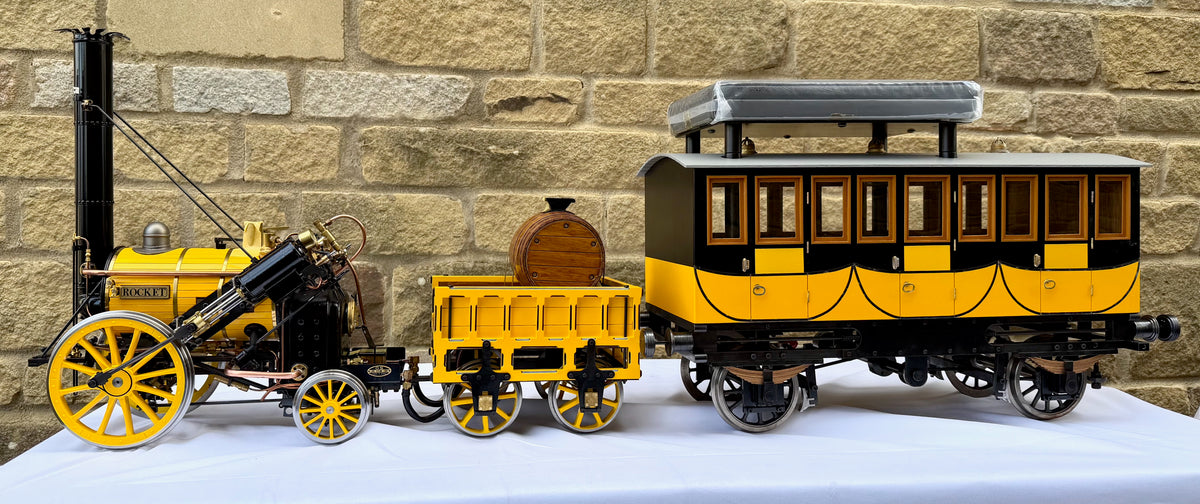 O.S. Models 5 Inch Gauge Live Steam Stephenson's 'Rocket' with First Class Coach and Track (Collection Only)