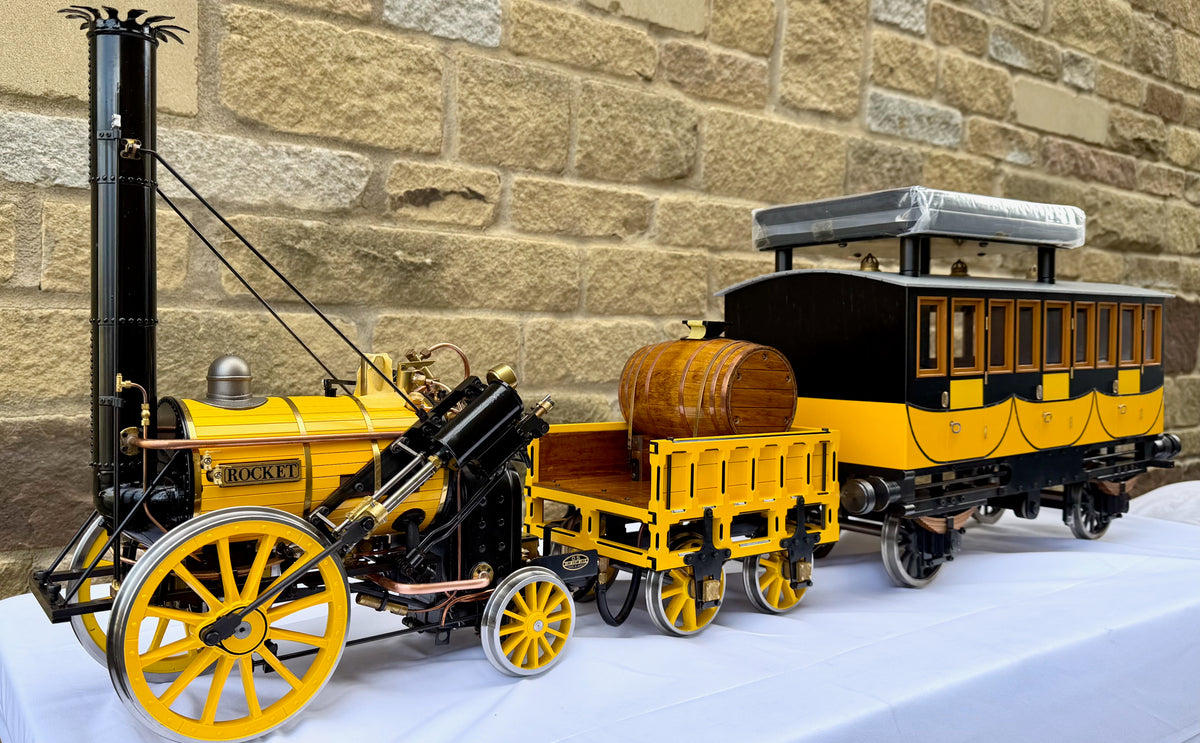 O.S. Models 5 Inch Gauge Live Steam Stephenson's 'Rocket' with First Class Coach and Track (Collection Only)