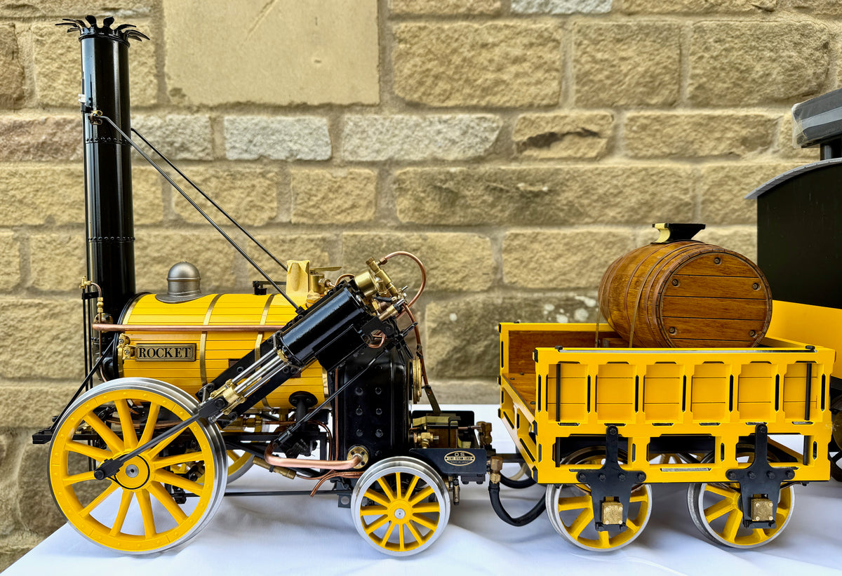 O.S. Models 5 Inch Gauge Live Steam Stephenson's 'Rocket' with First Class Coach and Track (Collection Only)