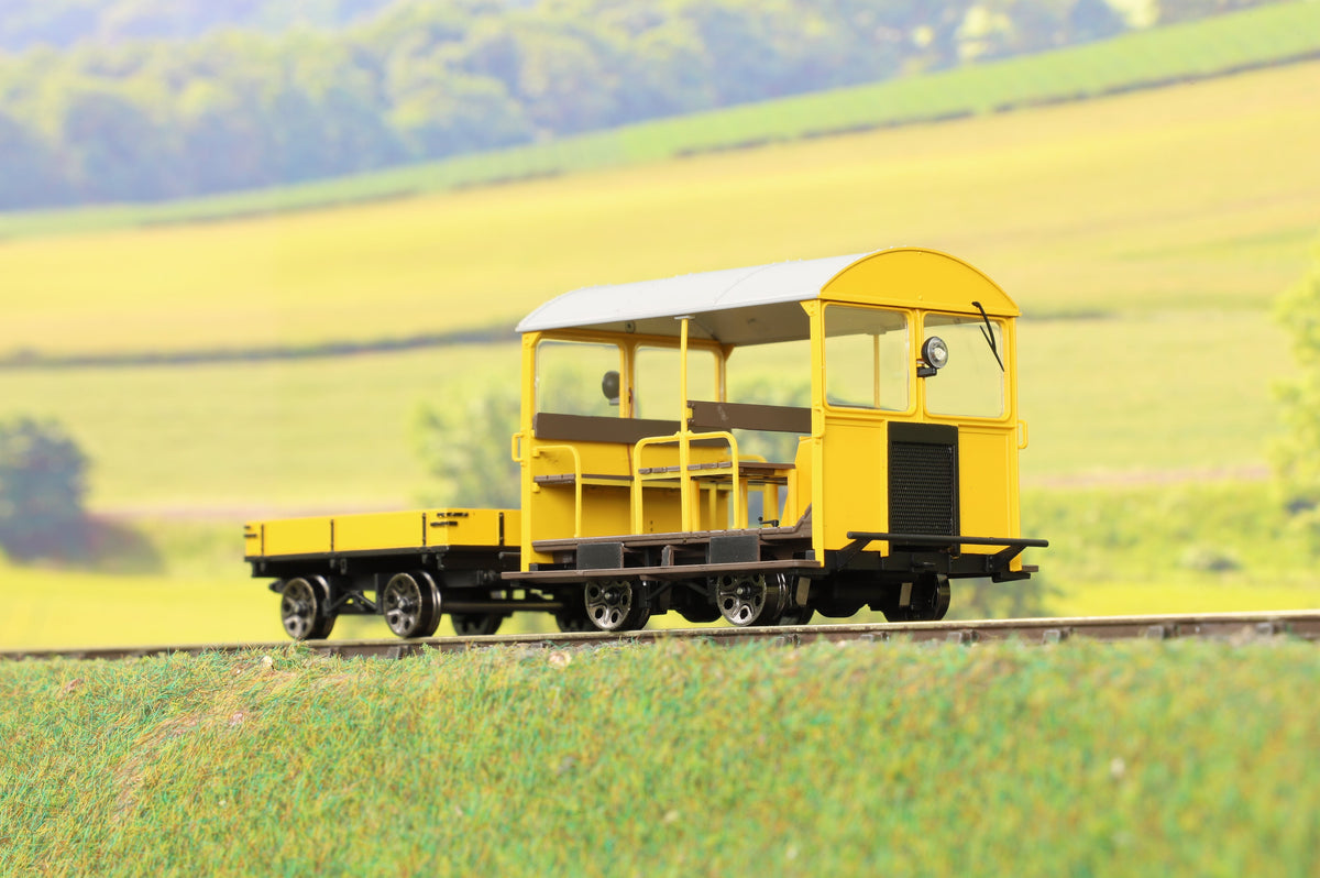 Ellis Clark Trains E1018US Finescale O Gauge Wickham Trolley &amp; Trailer, BR Yellow &#39;Unnumbered&#39;, DCC Sound