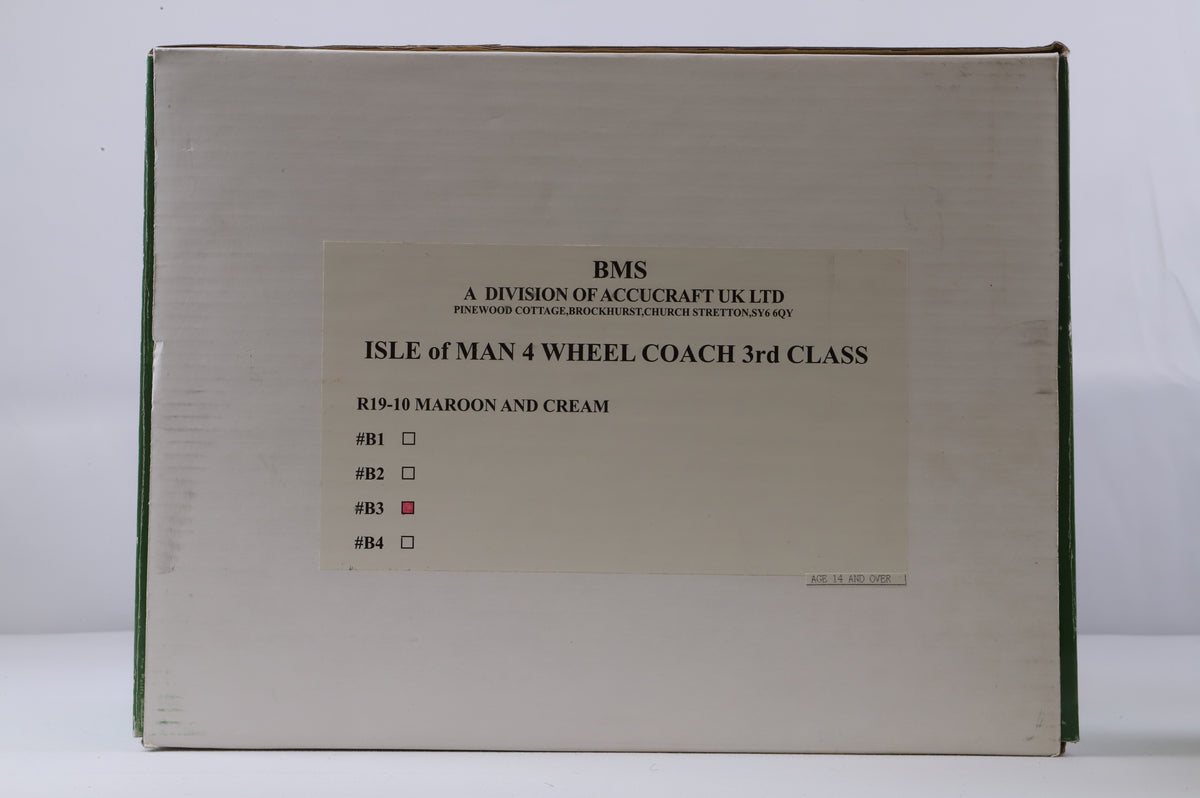 BMS/Accucraft 16mm Scale (45mm Gauge) Isle of Man Railway 4-Wheel Third Class Coach Maroon & Cream