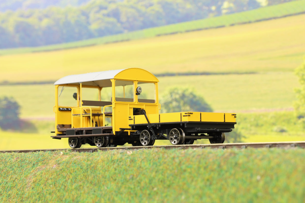 Ellis Clark Trains E1018US Finescale O Gauge Wickham Trolley &amp; Trailer, BR Yellow &#39;Unnumbered&#39;, DCC Sound