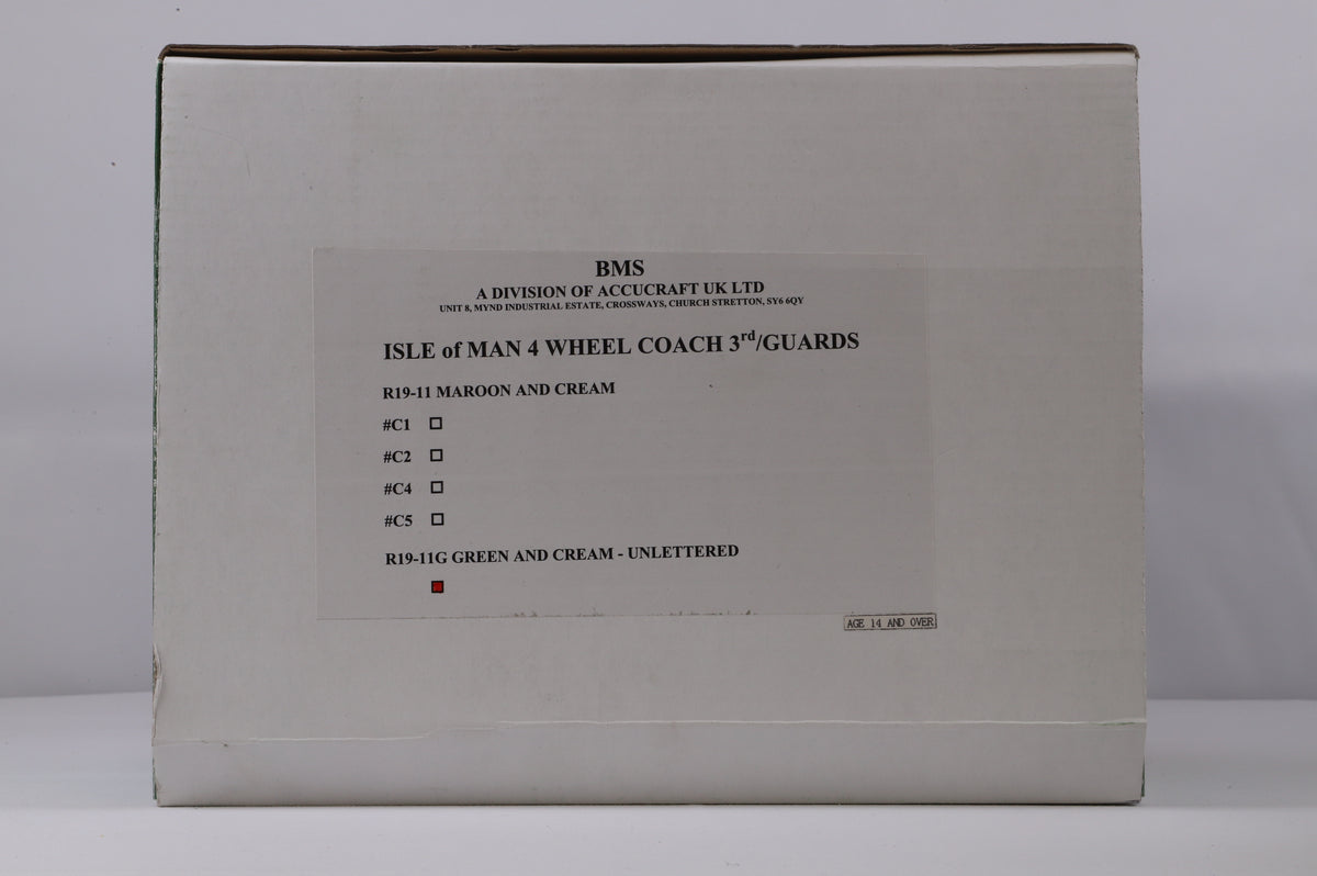 BMS/Accucraft 16mm Scale (45mm Gauge) Isle of Man Railway 4-Wheel Coach 3rd/Guards Green & Cream