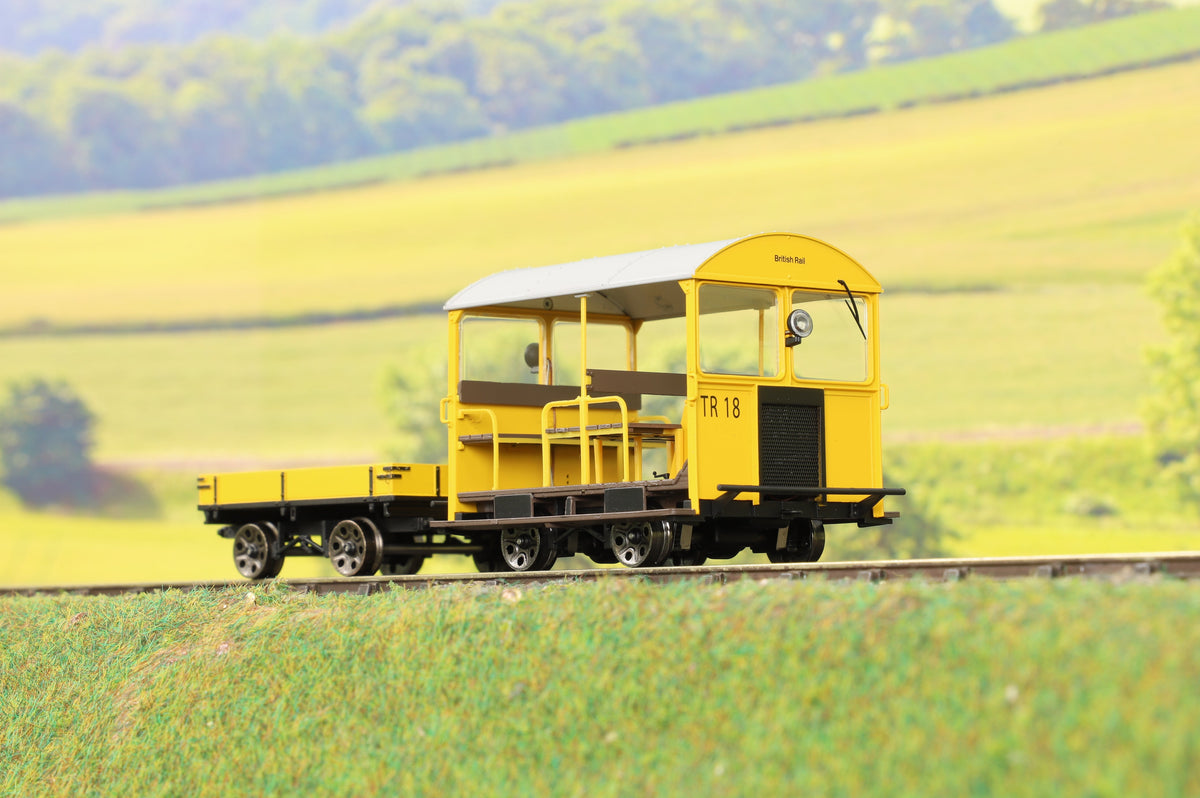 Ellis Clark Trains E1018S Finescale O Gauge Wickham Trolley &amp; Trailer, BR Yellow &#39;TR18&#39;, DCC Sound