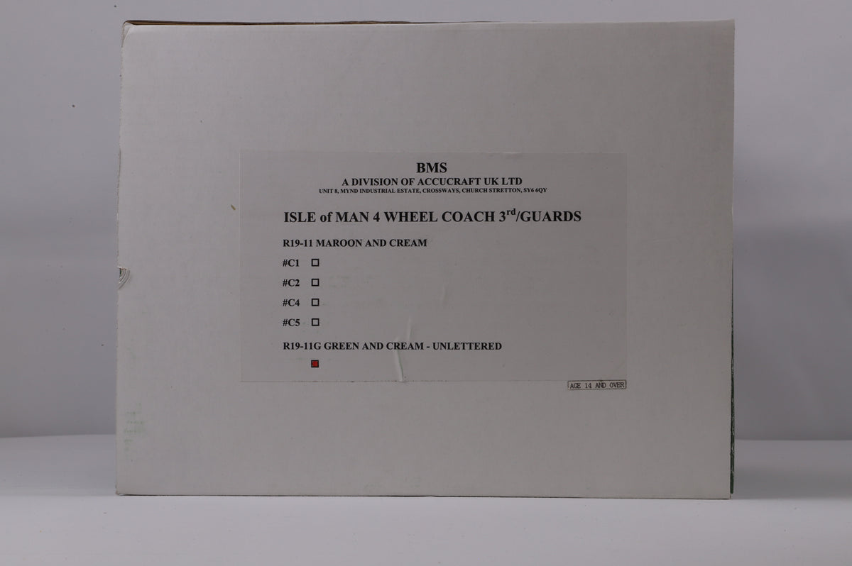 BMS/Accucraft 16mm Scale (45mm Gauge) Isle of Man Railway 4-Wheel Coach 3rd/Guards Green & Cream