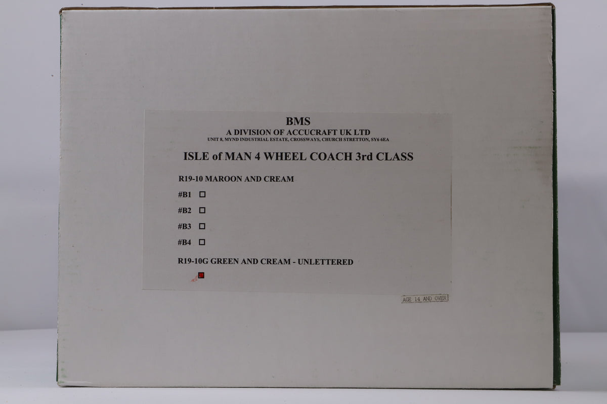 BMS/Accucraft 16mm Scale (45mm Gauge) Isle of Man Railway 4-Wheel Coach Third Class Green & Cream