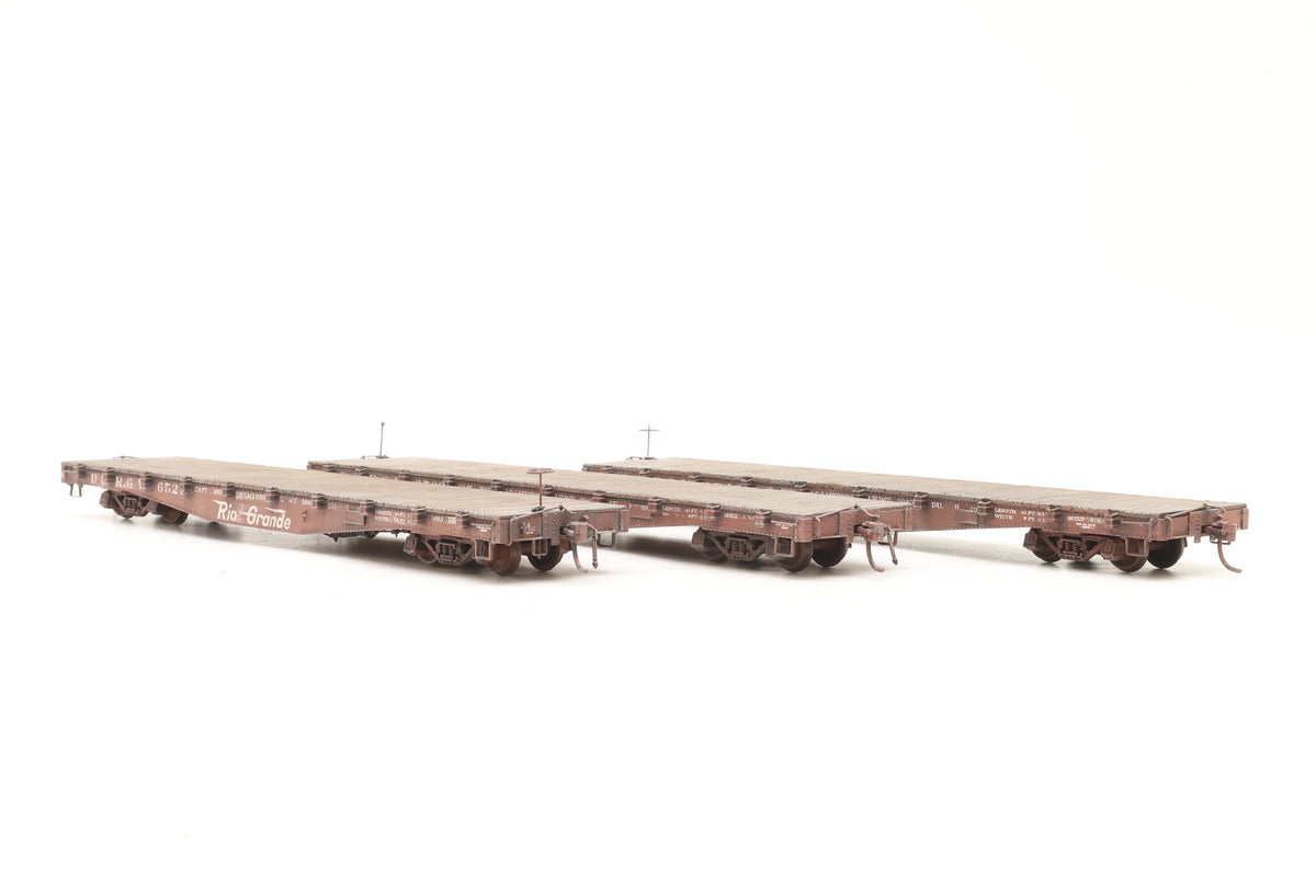 P–B–L (Kit-Built) Sn3 Rake of 3 D&RGW Flat Cars Weathered