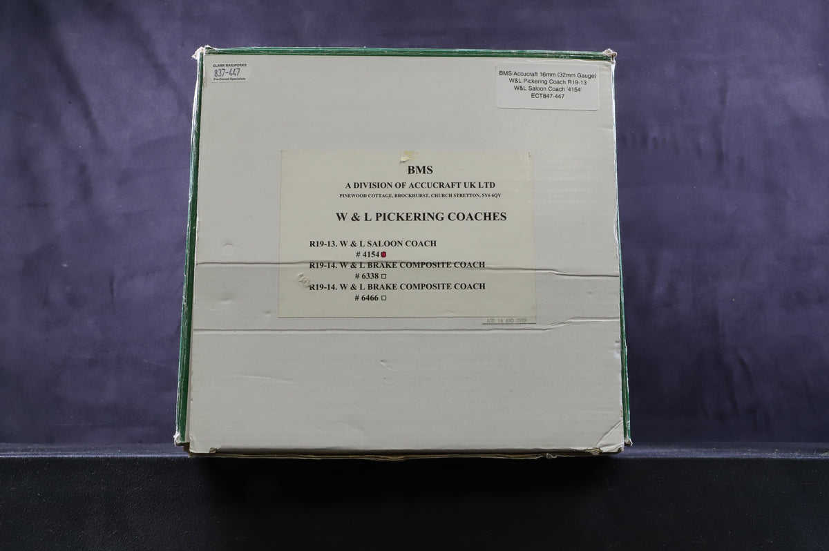 BMS/Accucraft 16mm (32mm Gauge) W&amp;L Pickering Coach R19-13 W&amp;L Saloon Coach &#39;4154&#39;