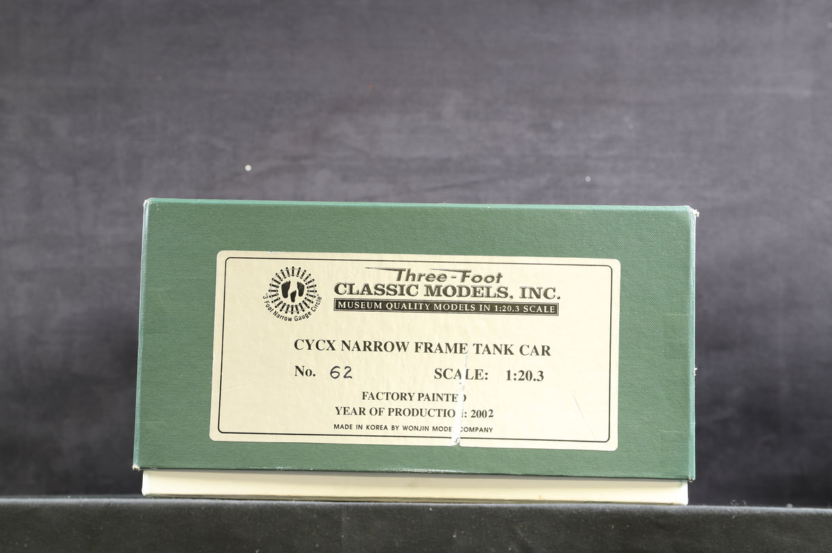 Three Foot Classic Models Inc. G Scale 1:20.3 CYCX Narrow Frame Tank Car &#39;62&#39;, Factory Painted Brass