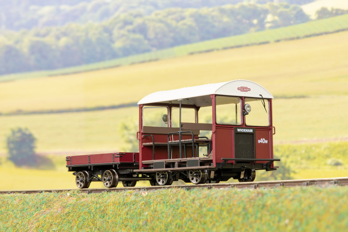 Ellis Clark Trains E1021ZS Finescale O Gauge Wickham Trolley &amp; Trailer, BR Maroon w/White Roof, Limited Edition, DCC Sound