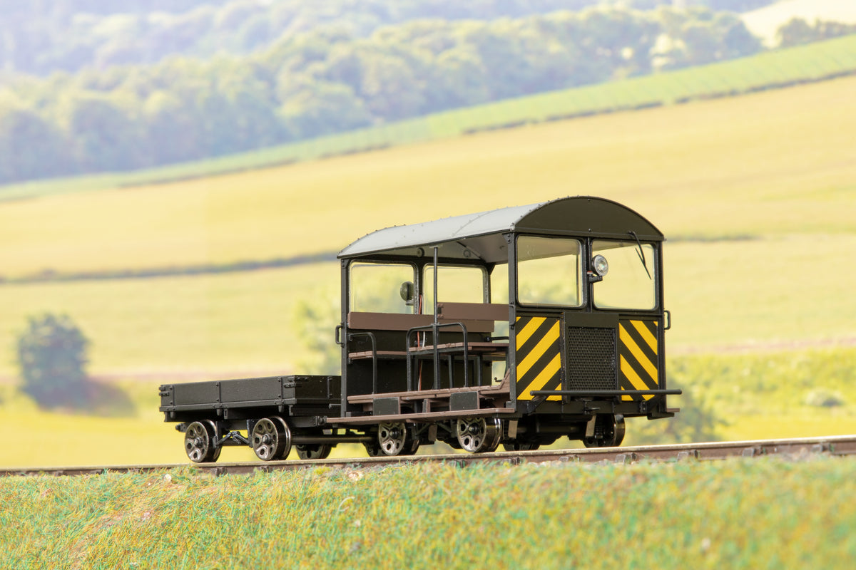 Ellis Clark Trains E1022ZS Finescale O Gauge Wickham Trolley &amp; Trailer Black w/Wasp Stripes, Limited Edition, DCC Sound