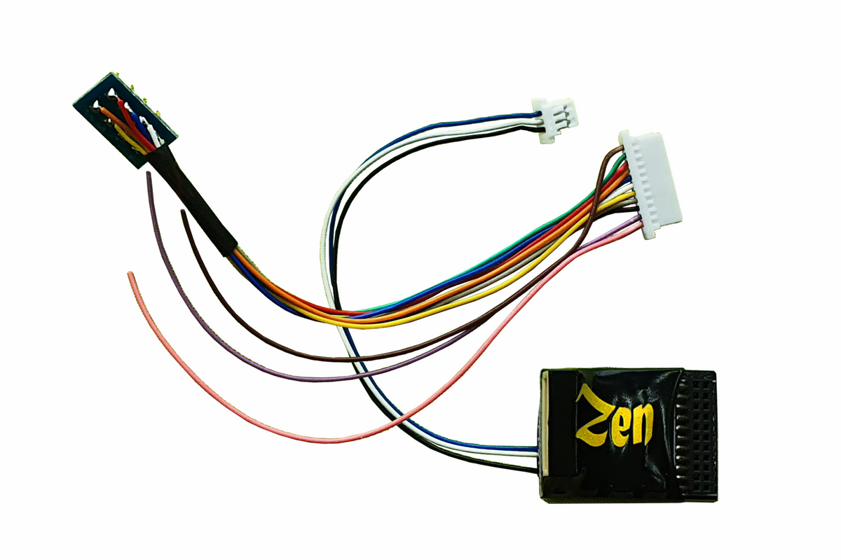 DCC Concepts Zen Black Decoder: 21 pin MTC and 8 pin connection. 6 full power functions.